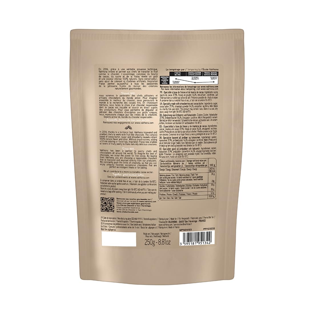 Valrhona Premium Strawberry Couverture (Drops). 100% All Natural. No Preservatives. No Added Color. Made with Freeze Dried Strawberry Powder. Easy Melt. Intense Color and Flavor. 250g (Pack of 1)