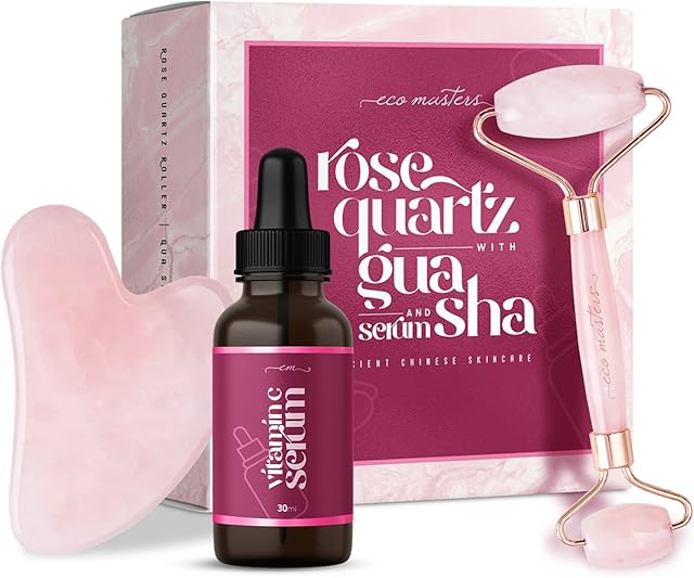 Rose Quartz Roller and Gua Sha Set with Vitamin C Serum - Face Roller Massager for Skin Tightening, Eye & Face Care - Anti Ageing Face Rollers for Women & Men - Skincare Gift Sets for Women
