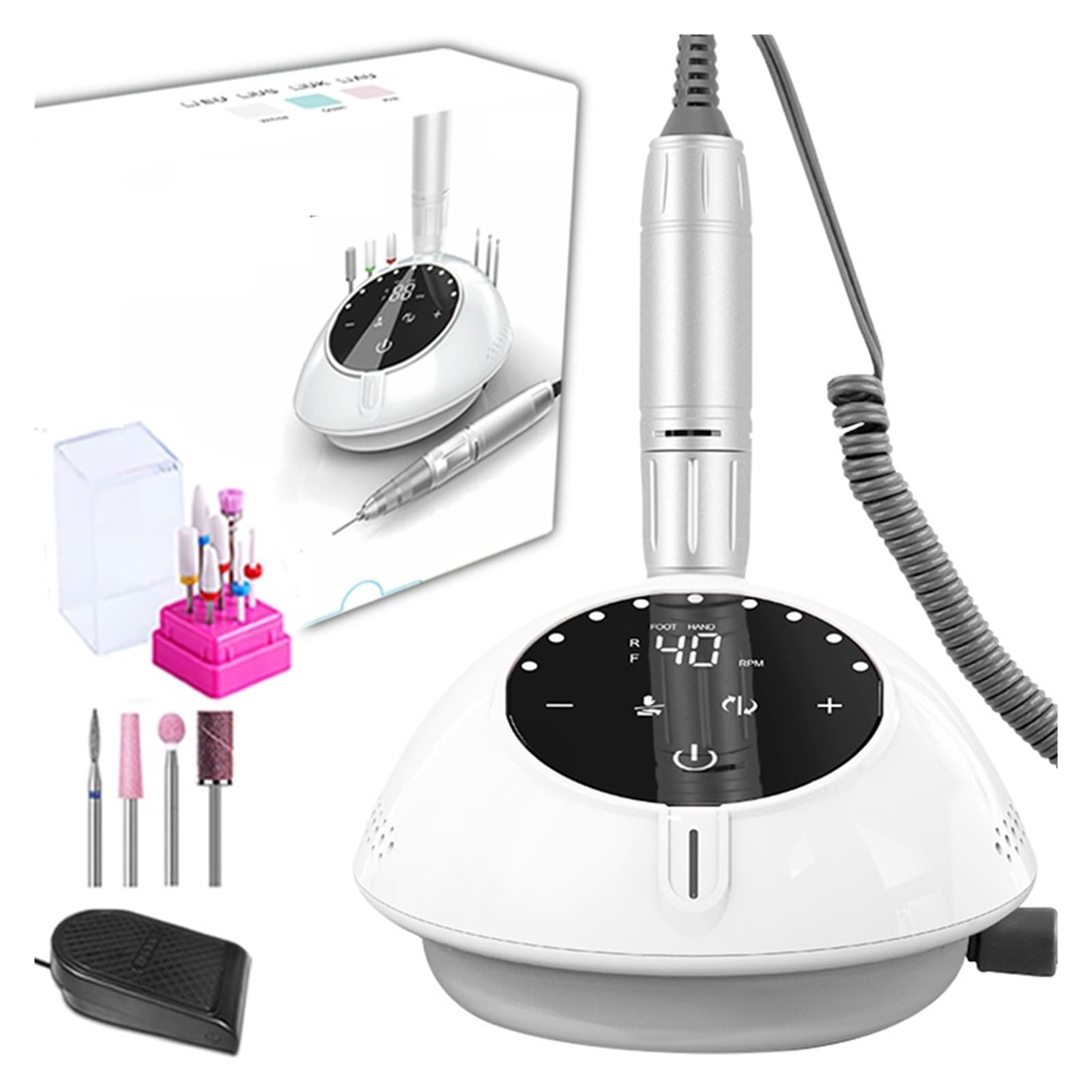 Machine à ongles électrique, 40000 tr/min perceuse à ongles électrique Machine de manucure Gel acrylique vernis ponceuse Mode Pause équipement Salon d'art d'ongle professionnel(White Set)