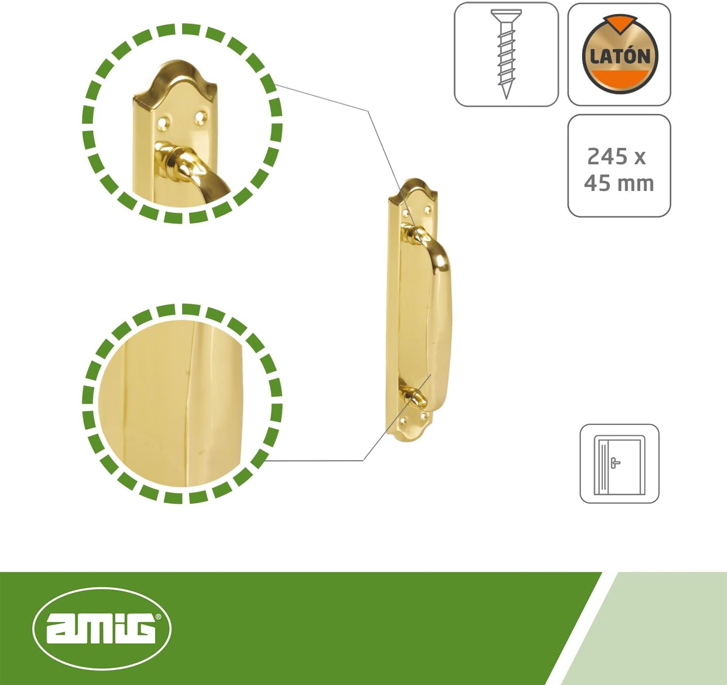 Amig - Door Handle with Brass Plate Mod.13 - Dimensions: 245 x 45 mm - Classic and Resistant - Includes Coach Screws - with Polished Gold Finish