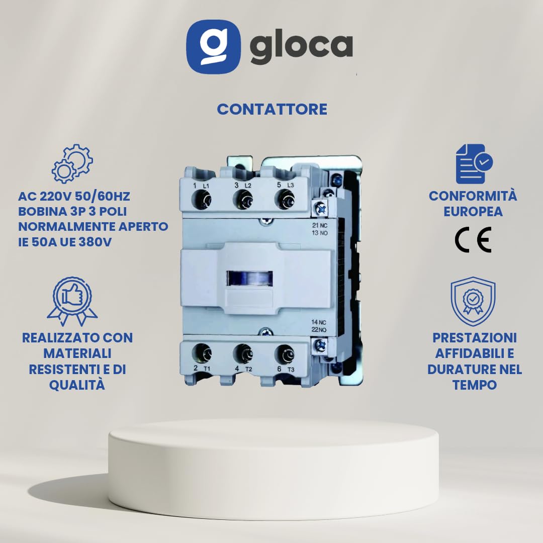 gloca Contattore AC 220V 50/60Hz Bobina 3P 3 Poli Normalmente Aperto Ue 380V (Ie 50 Ampere)