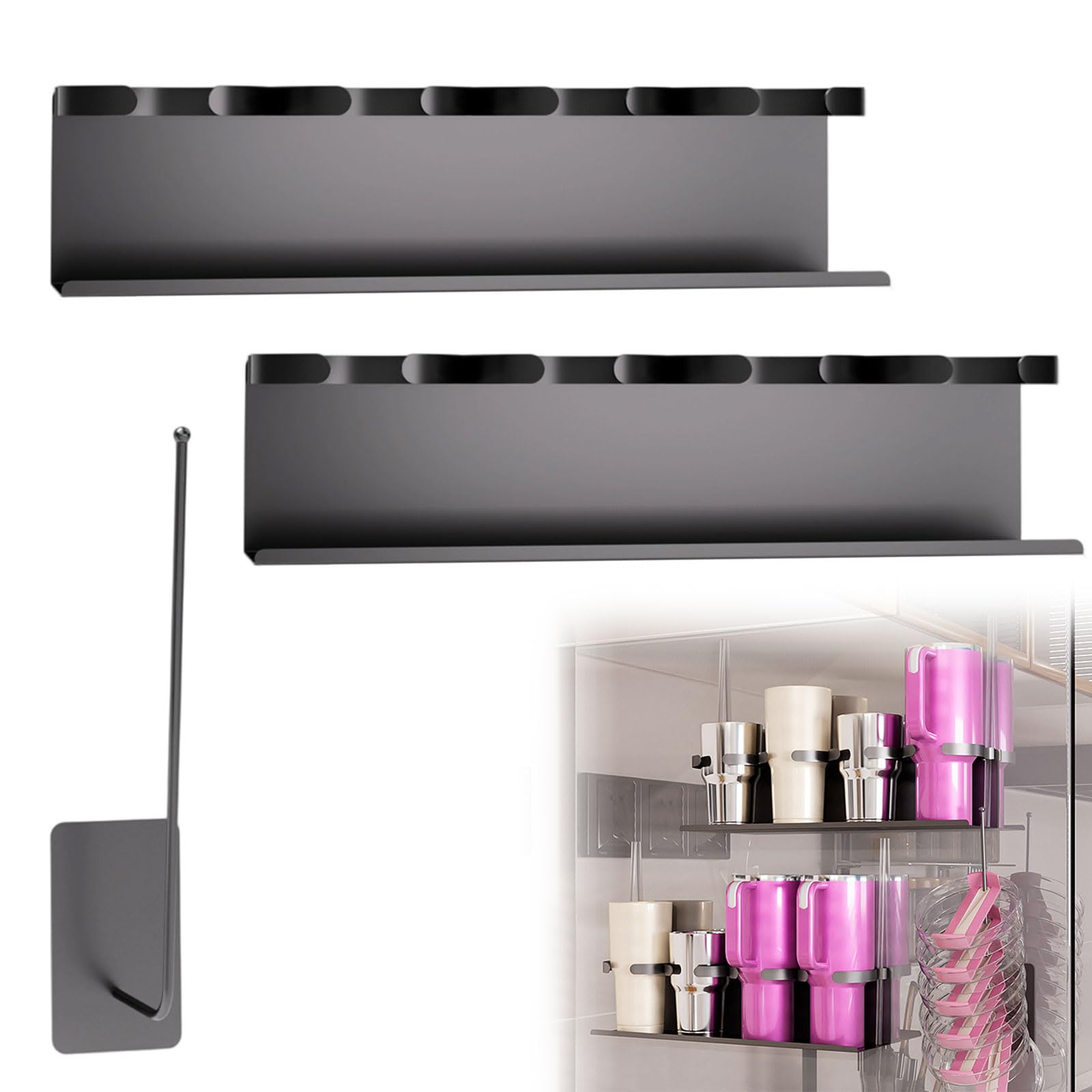 Magnetische Bekerhouder Voor Stanley 20/30/40oz - 2 Pack Tumbler Organizer voor Stanley - Waterfles Organizer voor Koelkast met Rietmand & 6 Haken voor Tumbler Cup Deksels Accessoires Organisatie Wit