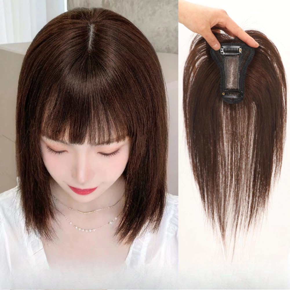 Semi-handwoven Clip in Toppers Straight Human Hair Wiglet Hairpiece with Bangs for Women Thin Hair (Mocha brown,25cm)