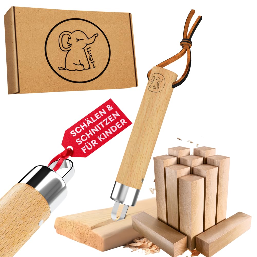 Eli® Schnitzmesser für Kinder mit Schnitzholz und runder Klinge ab 6 Jahre - hochwertiges Kindermesser Schnitzset - Kinderschnitzmesser - Schnitzwerkzeug - Outdoor Messer für Jungen und Mädchen