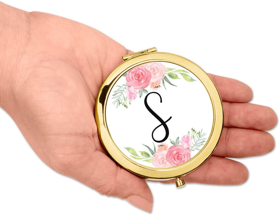 Andaz Press Compact Mirror Bridesmaid's Wedding Gift, Gold, Monogram Letter S, Peach and Pink Roses, 1-Pack, Bachelorette Bridal Shower Wedding Party Gifts