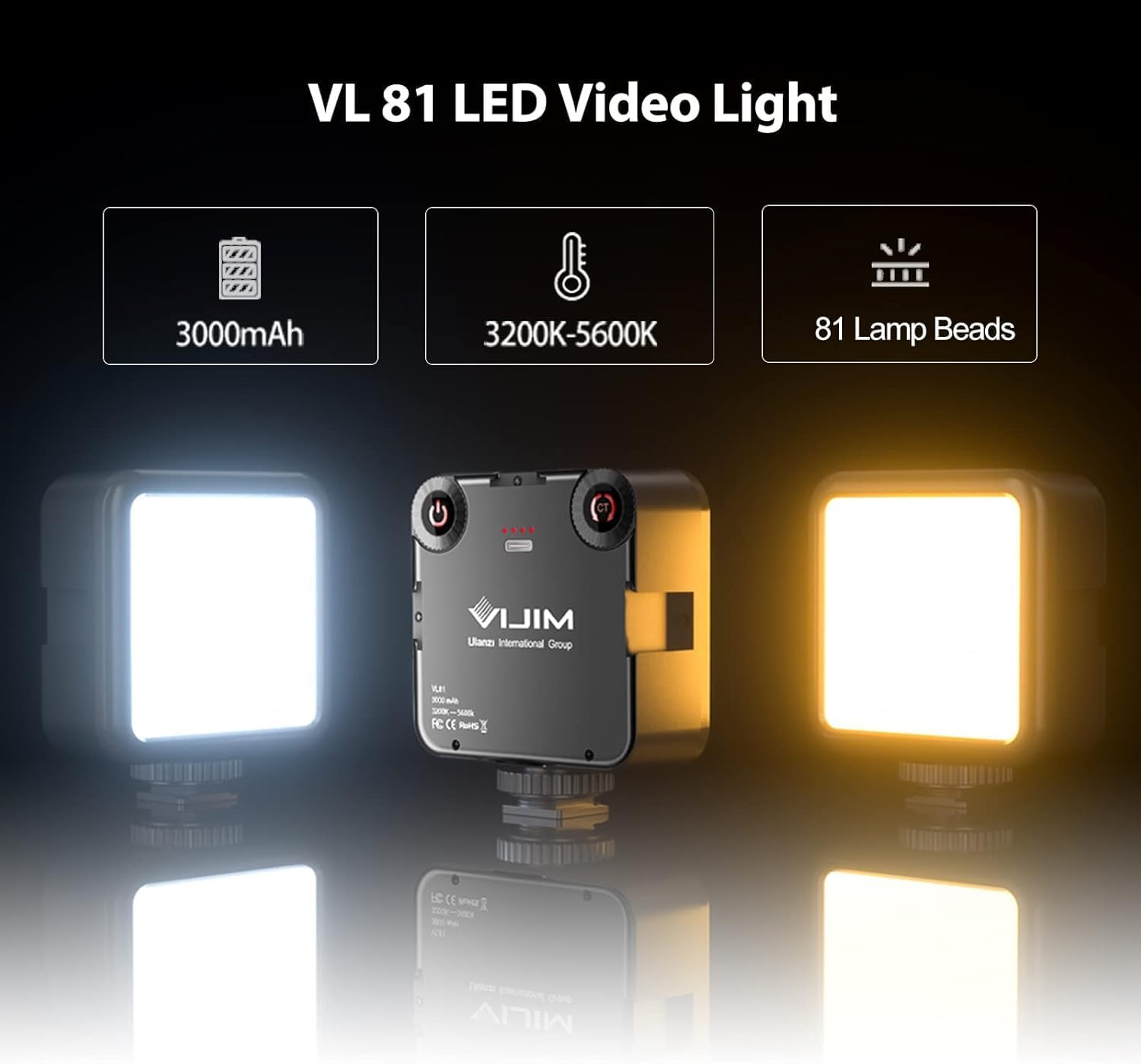 ULANZI VL-81 Camera Phone Selfie Light with Clip & Cold Shoe, 3200K-5600K CRI95 3000mAh Bi-Color Portable LED Video Light for iPhone, Cameras, Laptop, Selfie, Vlog, Filming, Video Conference, Webcam