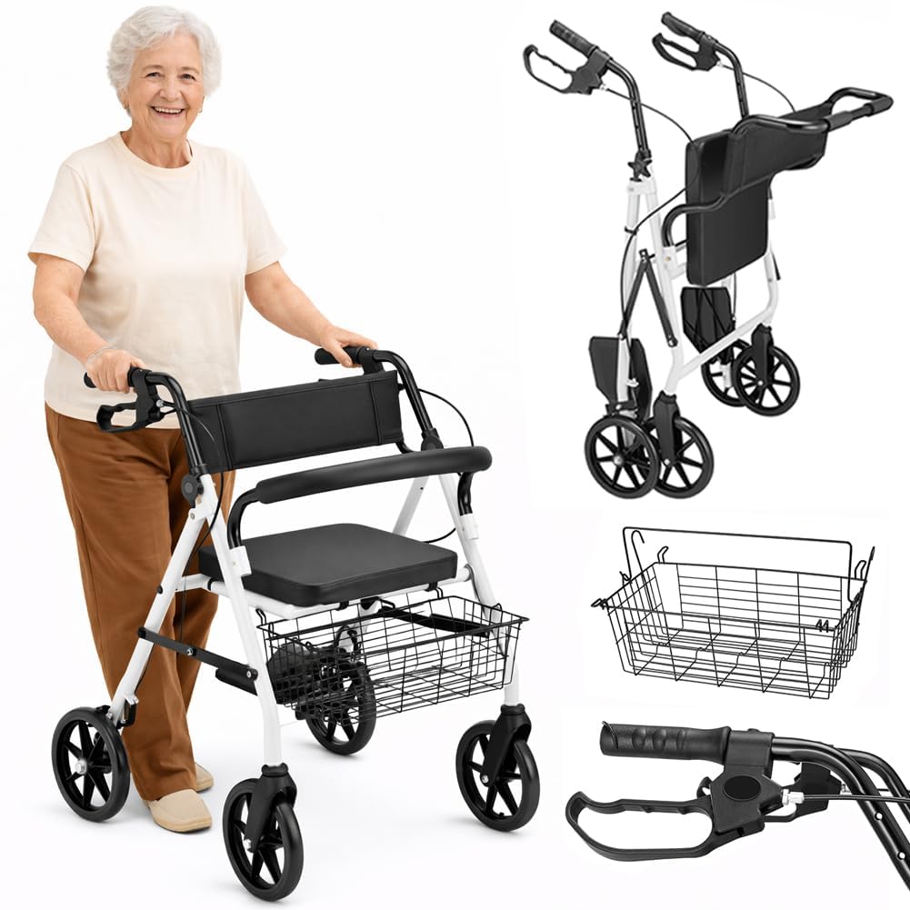 BAKAJI Deambulatore Rollator con Sedile, Ausilio Camminata per Anziani con Ruote e Freni, Disabili e Persone con Mobilità Ridotta, Struttura Ultraleggera e Pieghevole con Altezza Regolabile