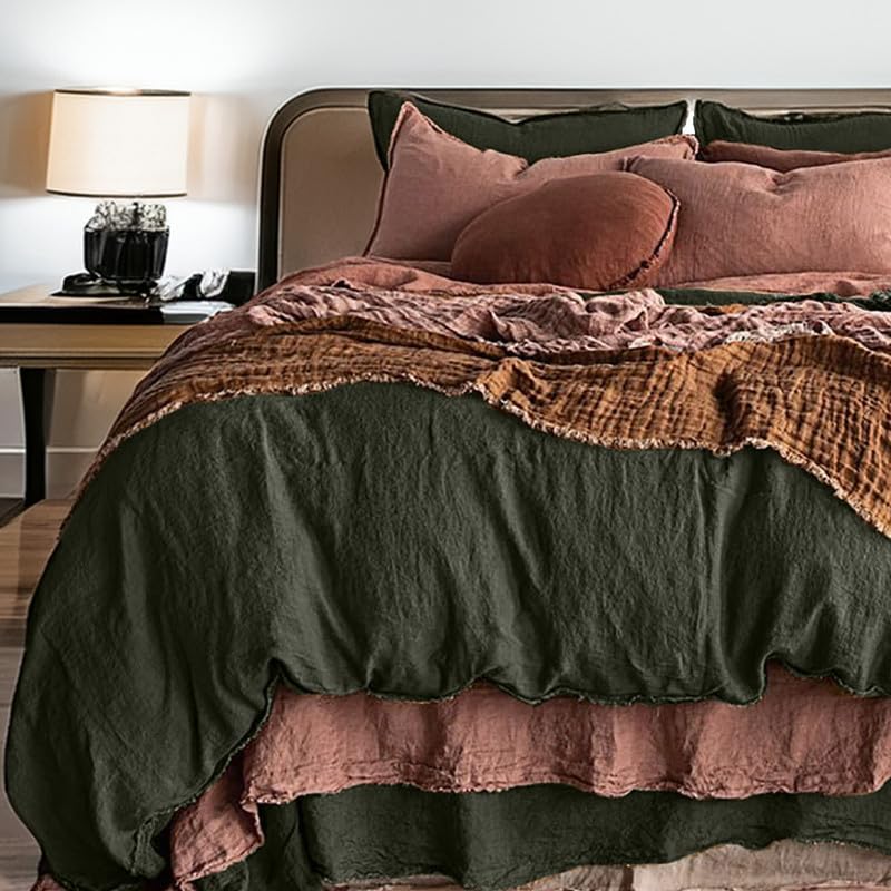 3-Piece Raw Edged Linen Cotton Mix Duvet Cover Set (78x88 in) - Dusty Pink Full Duvet Cover Set with Standard Shams - Pre-Washed, Handmade - Home Decor