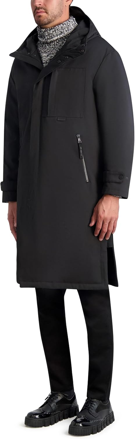 KARL LAGERFELD mens Chest Zip Pocket Hooded Long Puffer Coat - Image 3