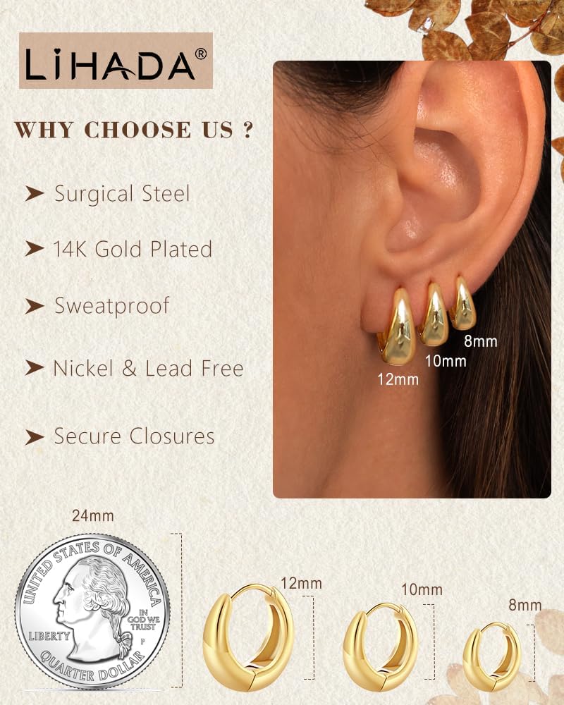 Surgical Steel Small Huggie Hoop Earrings for Women Set,14K Gold Plated Hypoallergenic Lightweight Earrings, Waterproof Non-Tarnish Circular Huggies for Multiple Piercings - Image 3