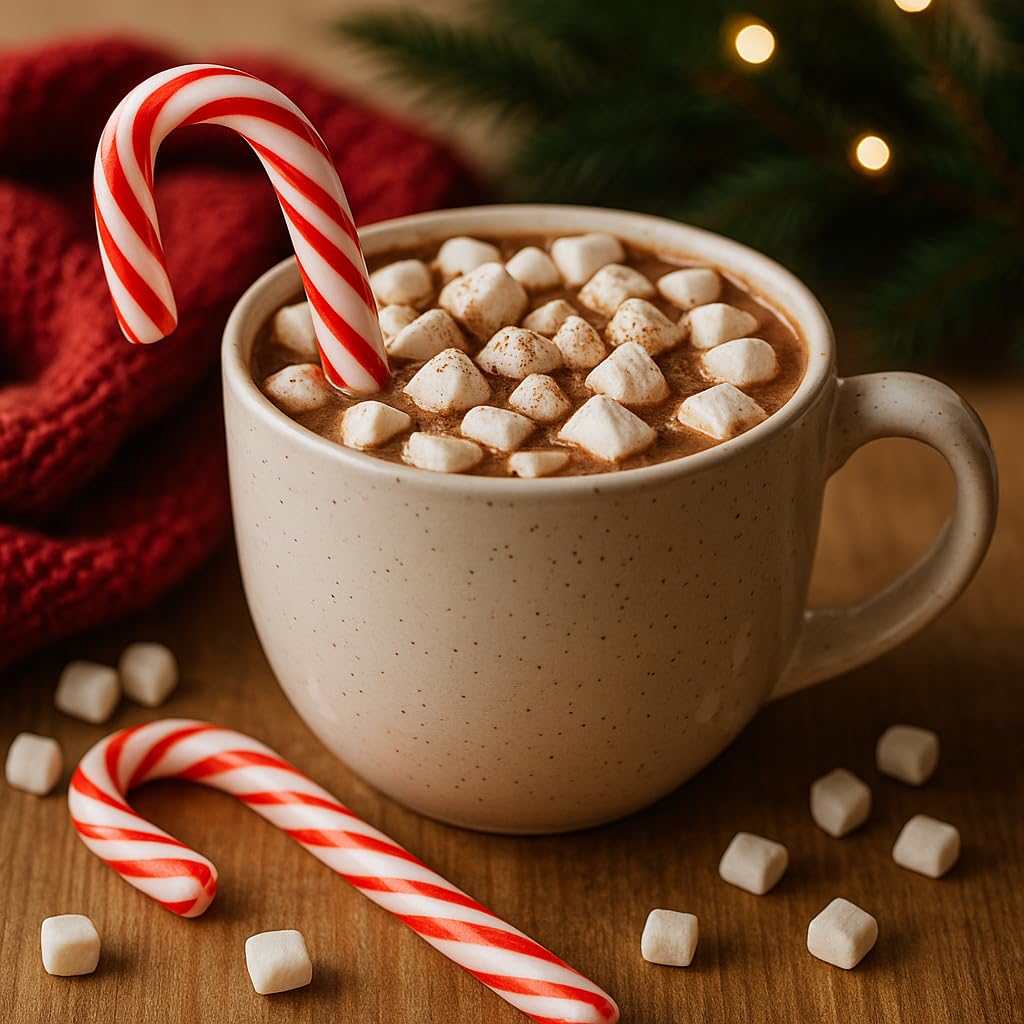 Hot Cocoa & Candy Cane Gift Set – 24 Premium Hot Chocolate Packets (6 Flavors) + 24 Classic Candy Cane | 48-Count Holiday Treat Box, Energy-Boosting Gift for Kids & Adults