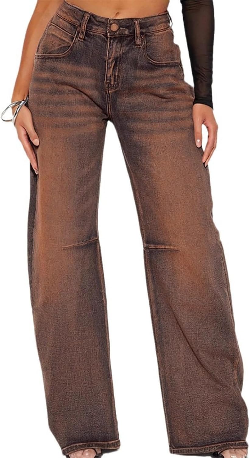 Semshedy Women's Baggy Jeans Straight Leg for Women Loose Denim Pants Mid Waisted Barrel Trendy Trouser Casual