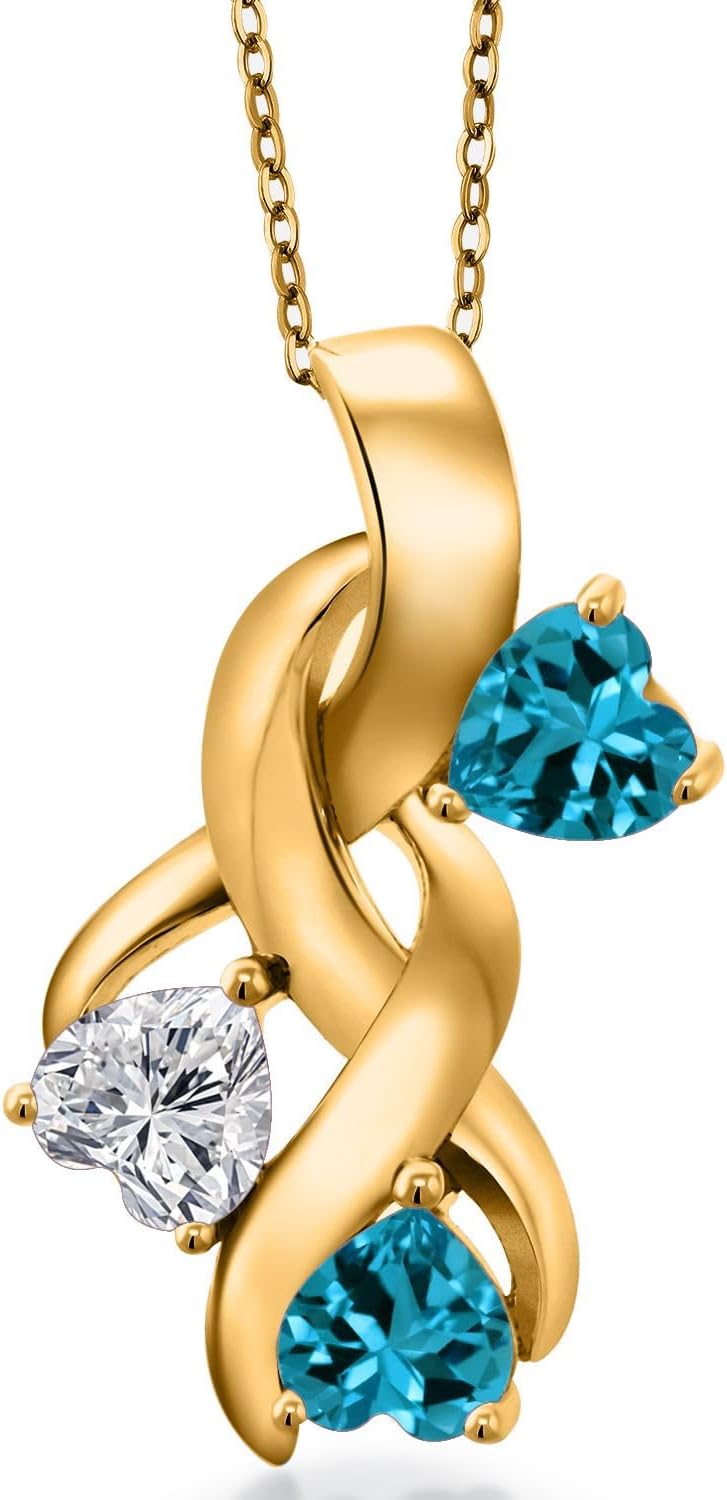 Gem Stone King 18K Yellow Gold Plated Silver Lab Grown Diamond and London Blue Topaz Pendant Necklace for Women | 1.54 Cttw | Gemstone April Birthstone | Heart Shape 5MM | With 18 Inch Chain
