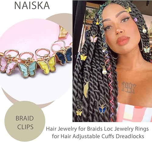 Miniatura 3 de NAISKA 20 clips dorados de mariposa trenzada, accesorios para rastas, dijes coloridos para el cabello, dijes de perlas y estrellas, trenzas, clips,