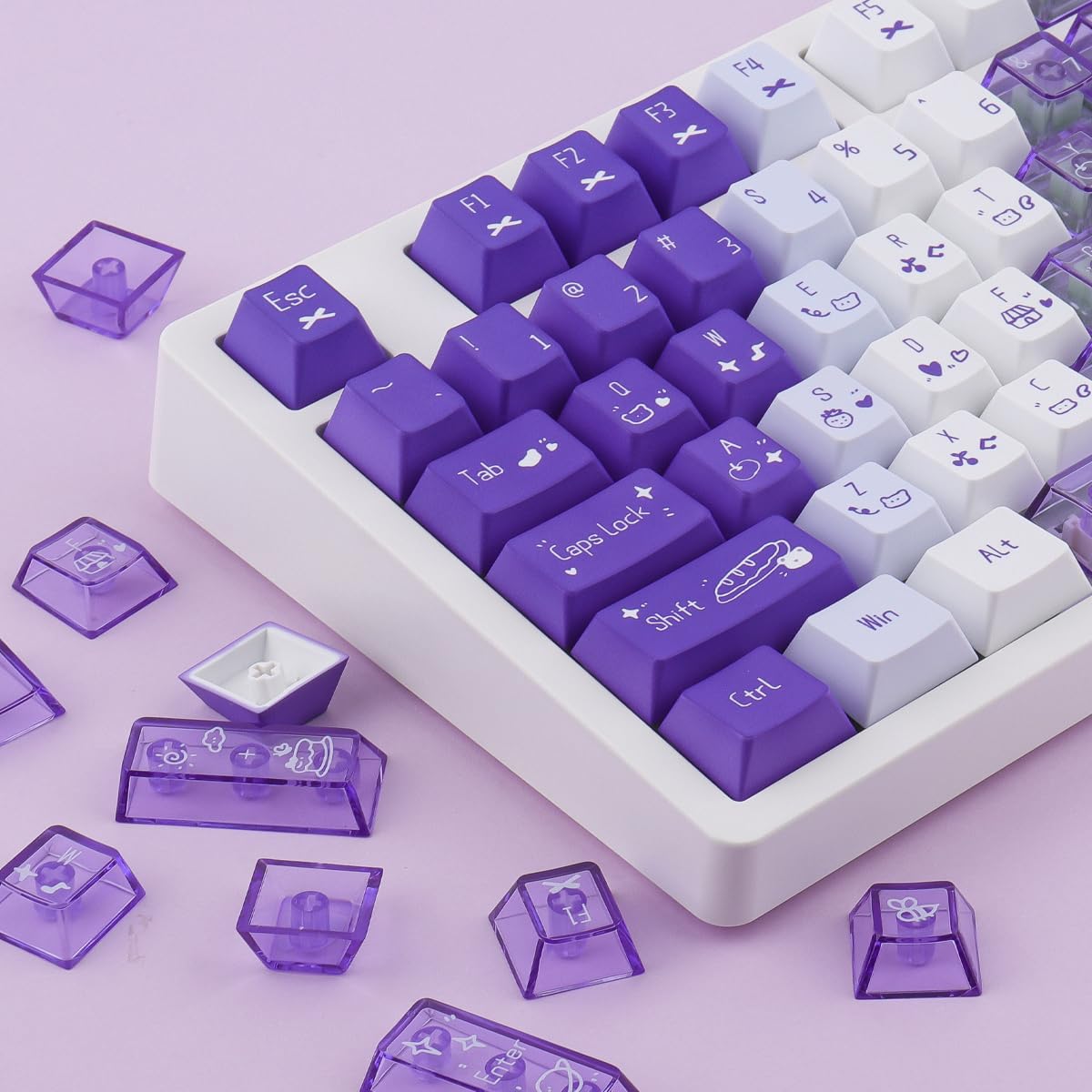 PBT Keycaps + Clear PC Through Keycaps, 150 klawiszy Purple Jelly Cute Pudding Keycap, Double Shot Shine Through Cherry Profile Keycap for Cherry MX Switch ANSI & ISO Layout Mechanical Keyboards