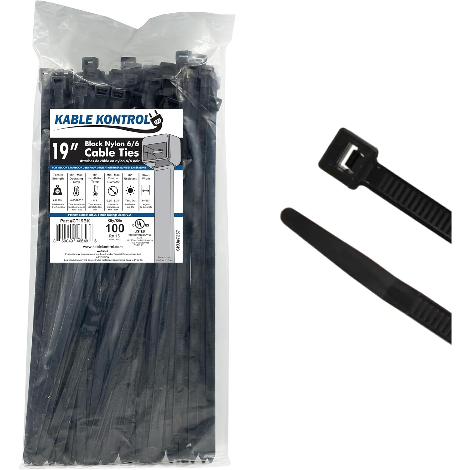 Resistente UV negro cable ties-250lbs, prueba