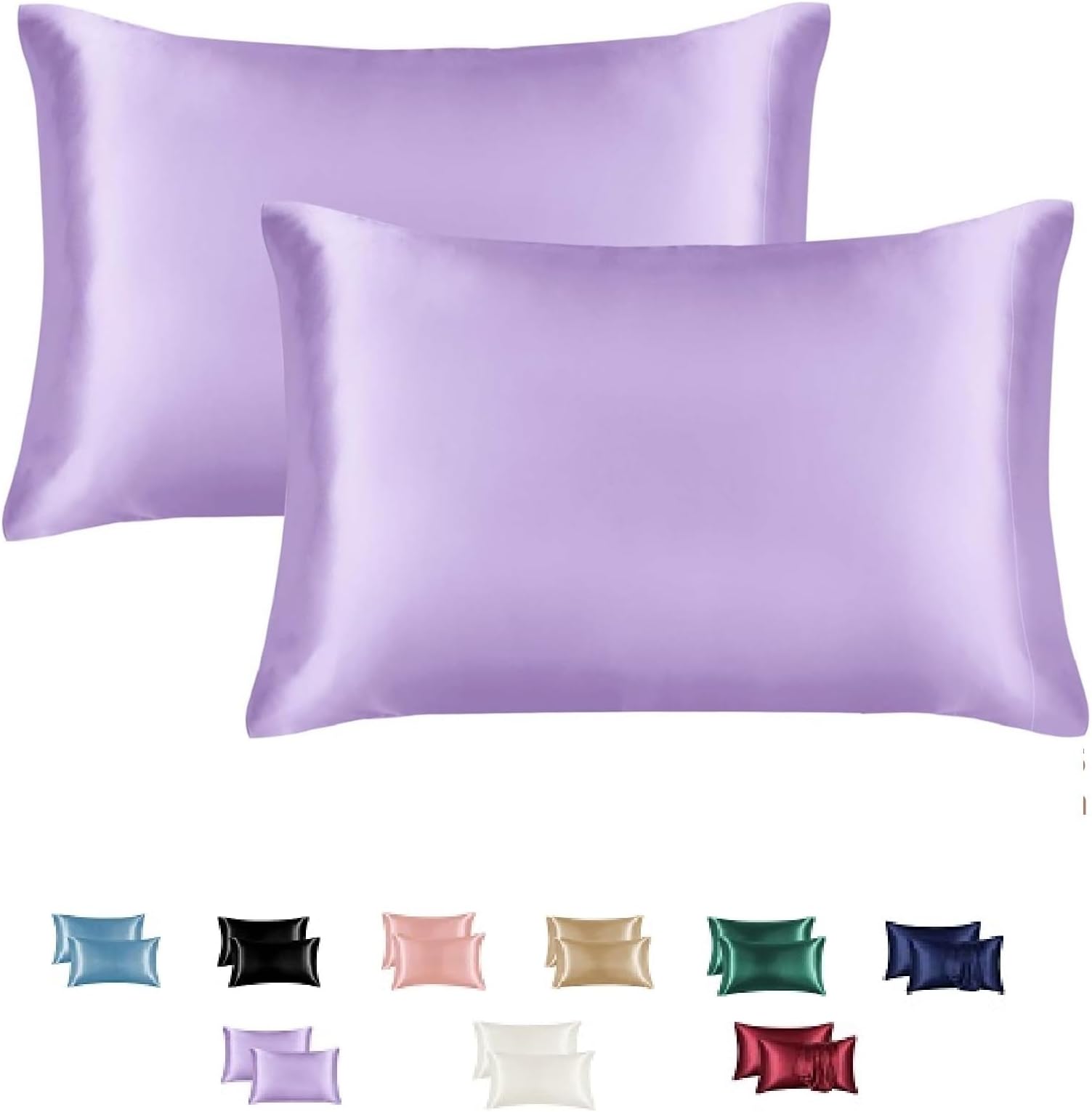 Silk Pillowcase-Satin Pillowcase Set of 2 Multicolor US King Queen Size Pillowcases Hair Skin Care Silk Covers 2 Pack Envelope Closure Standard Bed Pillowcase (Purple, Standard)