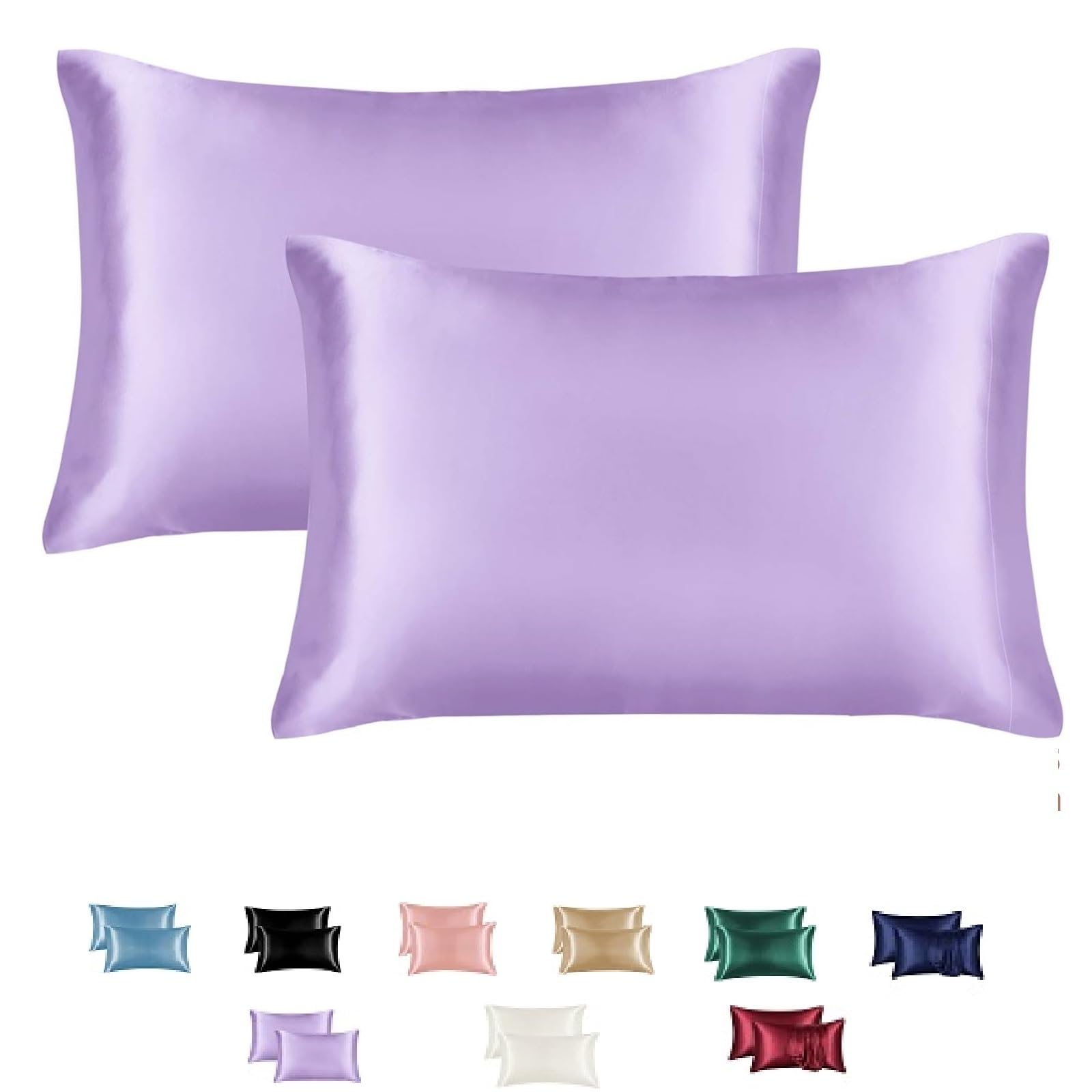 Silk Pillowcase-Satin Pillowcase Set of 2 Multicolor US King Queen Size Pillowcases Hair Skin Care Silk Covers 2 Pack Envelope Closure Standard Bed Pillowcase (Purple, Standard)