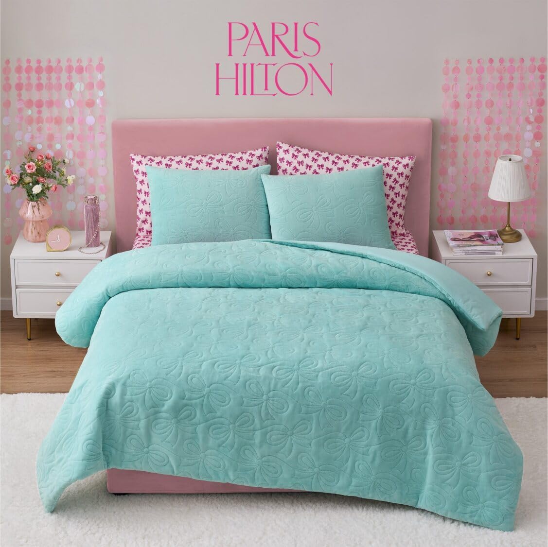 Paris Hilton 3 Piece Full/Queen Comforter Set with 2 Pillow Shams - Soft Warm Chic & Lightweight Quilted Full Bed Spreads, Housewarming & Birthday Gifts for Women & Teen Girls, Blue Bows (Blaine)