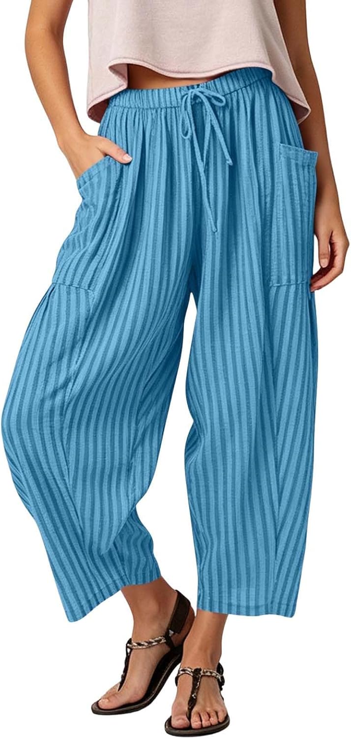 Women Pants Casual Harem Trousers with Patch Pockets | Textured Ribbed Fabric, Elastic Drawcord Waistband, Lightweight Baggy Bottoms, Boho Beach Outfits for Womens, Flowy