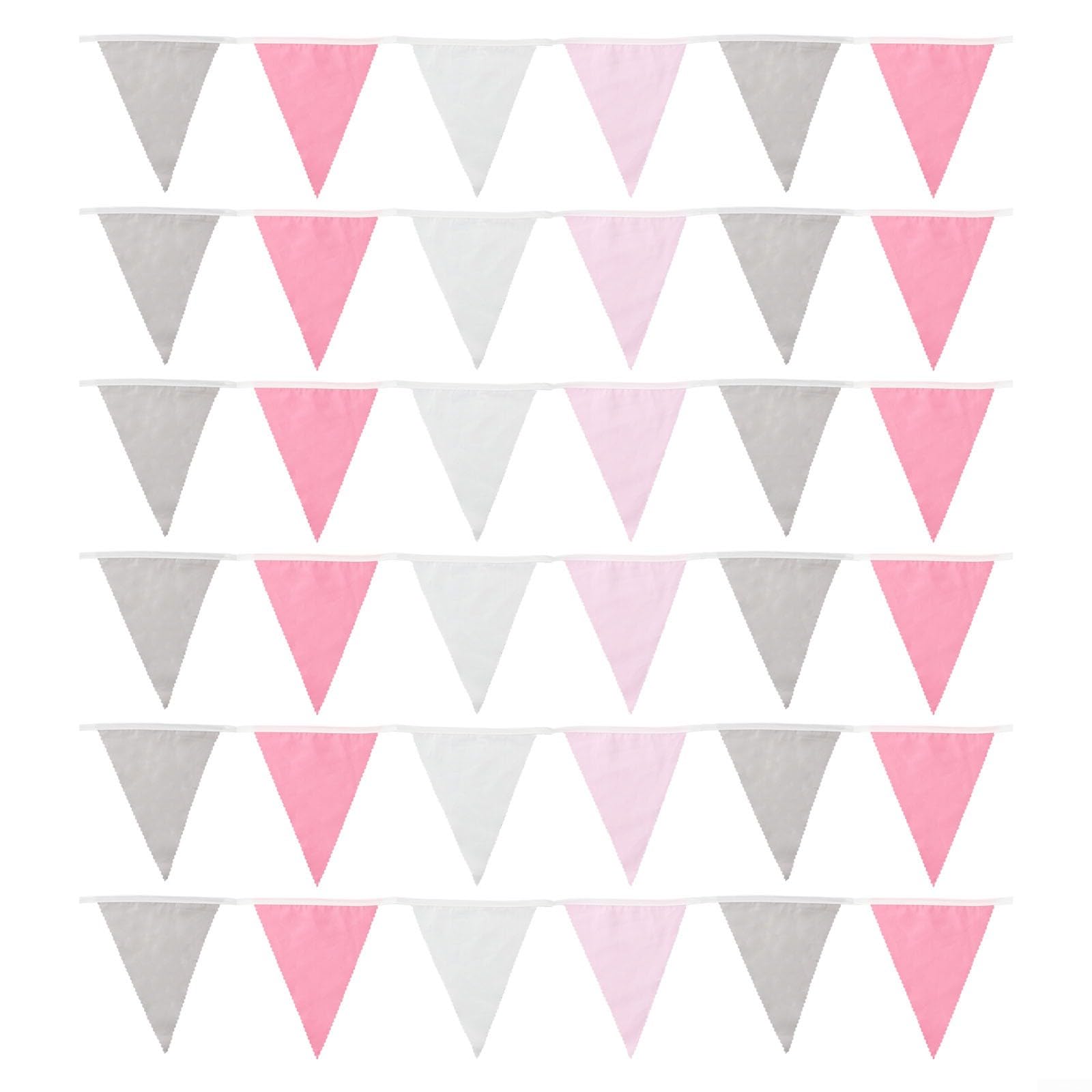 Fabric Bunting 10 m with 36 Triangle Flags Made of Cotton, Multicoloured, Washable and Reusable for Wedding, Birthday, Baby Shower, Garden Party and Celebration Decoration (Pink Grey White)