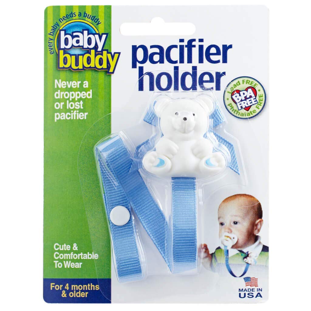 Baby Buddy Bear Pacifier Holder Clip Snaps to Paci, Teether, Toy, Clips to Baby's Shirt, Pacifier Clip - Babies 4 Months & Up/Toddler Boys & Girls, Pacifier Holder, Baby Must Haves, White, 2 Count