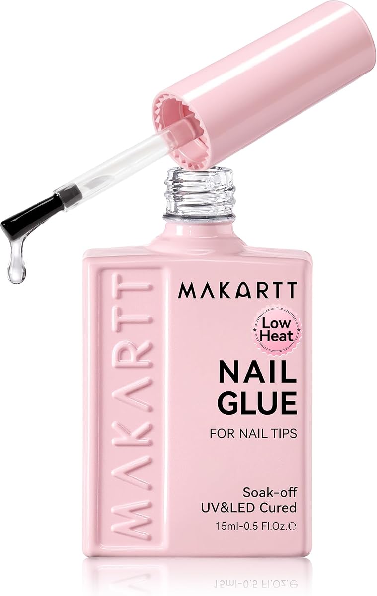 Makartt 10 in 1 UV Glue for Nail Tips & Press-ons, 15ML, Strong & Low Heat | Strong Hold Brush-on Gel Glue, Lasts 5 Weeks, Slow-Flow for Mess-Free Application, Gap-Filling Fit, Base Coat & Strengthener