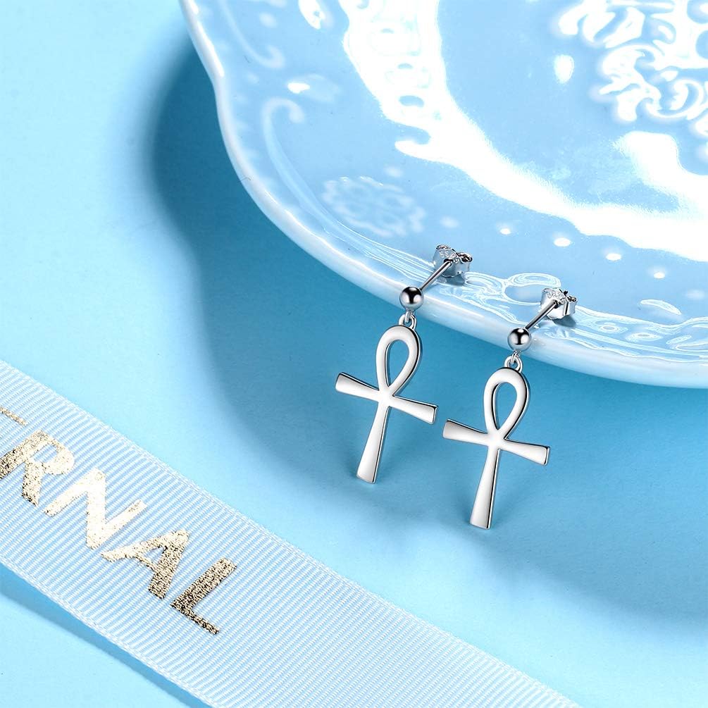 Jewmon 925 Sterling Silver Egyptian Ankh Cross Earrings for Women Cubic Zirconia Ankh Necklace Gothic Protection Jewelry Gifts for Mom Wife Grandma