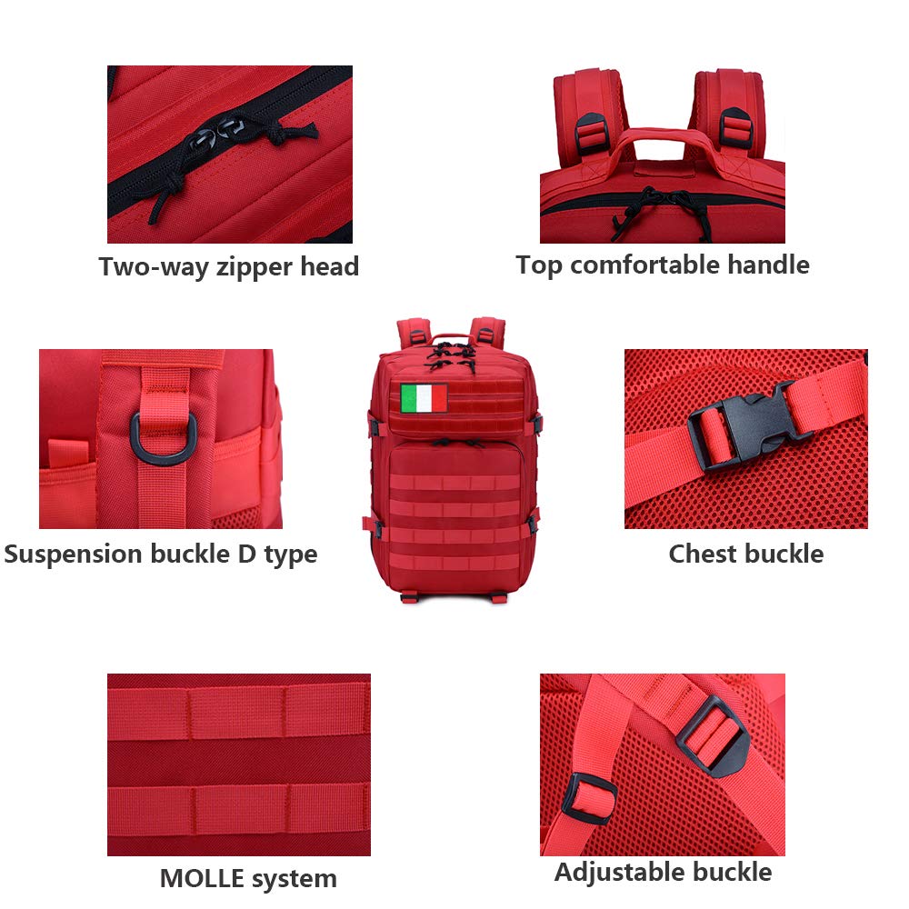 45L Zaino Assalto Tattico Militare Molle Zaini Da Viaggio Zaino Moto Per Trekking All'aperto Escursionismo Caccia Campeggio E Altre Attività Sportivo, Multifunzione + 4 Badges (Rosso)