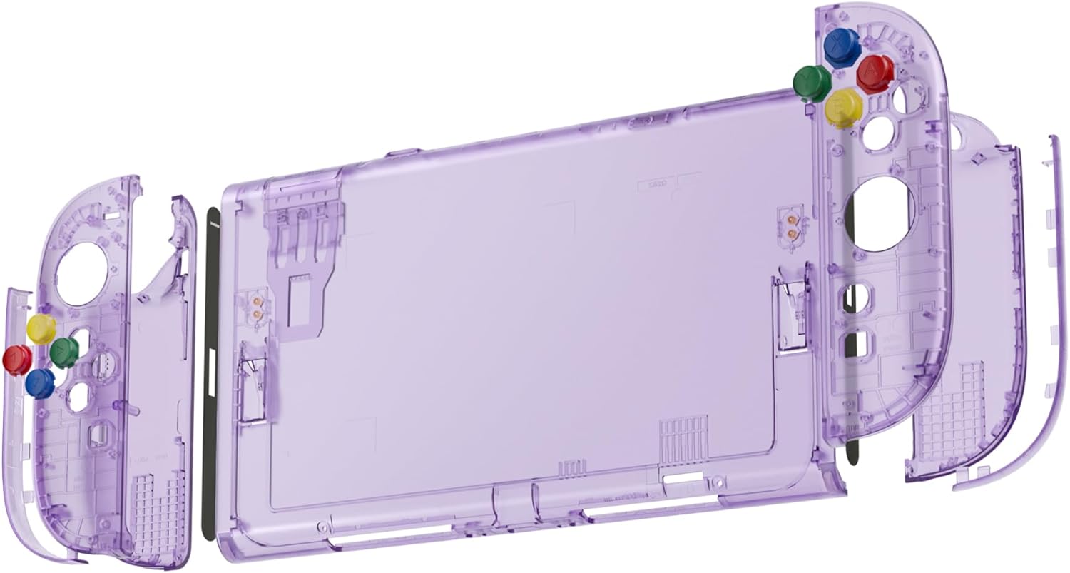 eXtremeRate DIY Replacement Shell Buttons for Nintendo Switch 2, Custom Console Rear Back Plate + Faceplate with Decorative Strips Direction Keys for Joycon 2 - Essence Version - Clear Atomic Purple