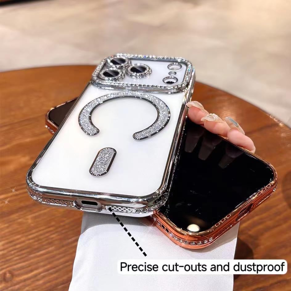 for iPhone 17 Pro Max Case Magnetic Clear Glitter,Orange,[Compatible with Magsafe],Cute Sparkly Bling Diamond Camera Lens Protector Soft Plating TPU Bumper Women Girls Phone Case for iPhone 17 Pro Max - Image 6