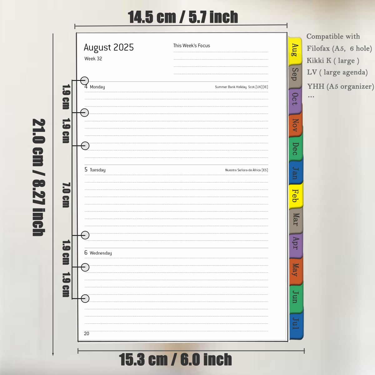 Recharge Agenda Semainier 2026 Format A5 6 Anneaux – Janvier à Décembre 2026, Onglets Mensuels, Pages Notes Et Contacts