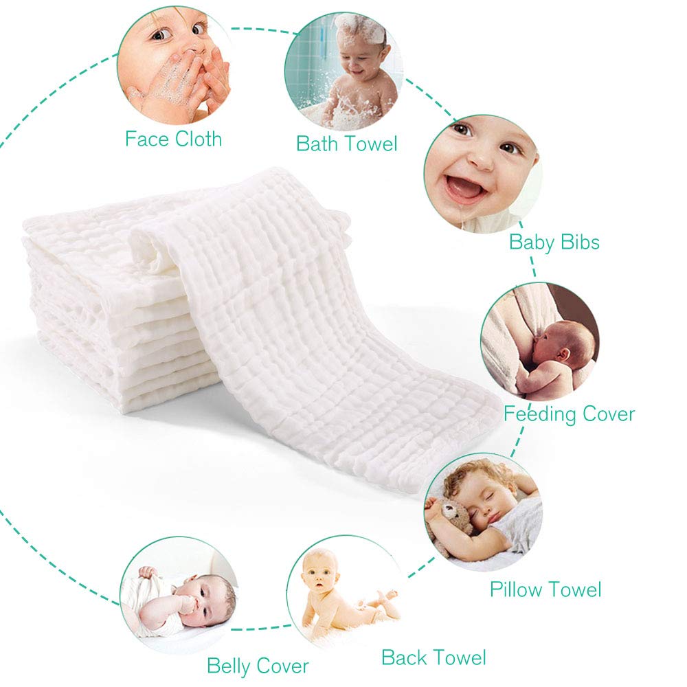 Muslin Burp Cloths for Baby 10 Pack 100% Cotton Baby Washcloths Large 20''X10'' Super Soft and Absorbent by Yoofoss - White : Baby
