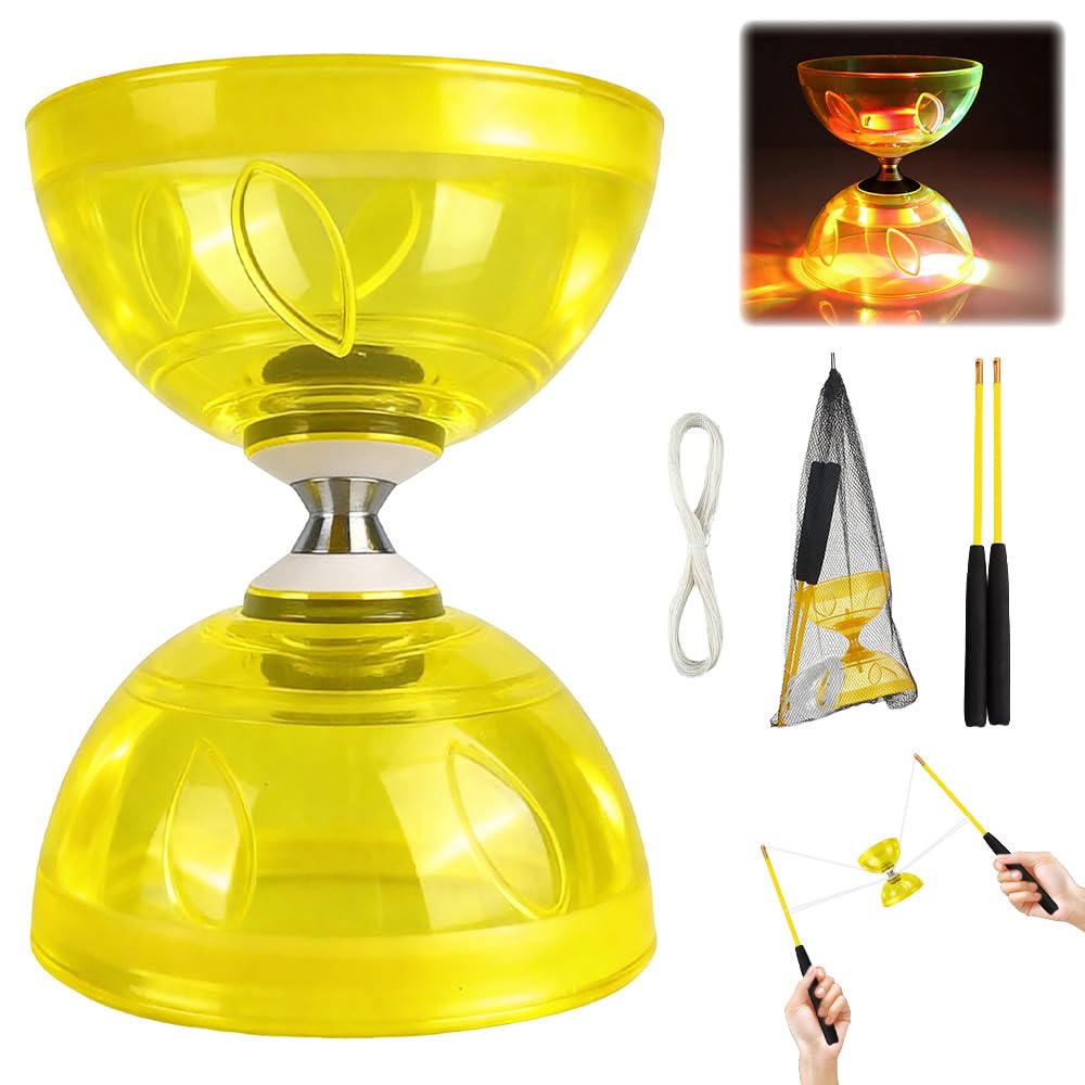 Diabolo Roulement à Billes, avec Roulements à Billes Triple, Diabolo Lumineux, avec Ficelle, Sac en Filet & 2 Bâtons, pour Adultes et Débutants