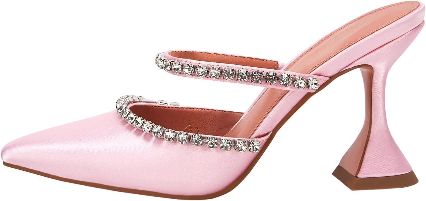 VETASTE Women's Pointed Toe Strappy Heels Crystal Satin Heeled Mules Wedding Party Shoes