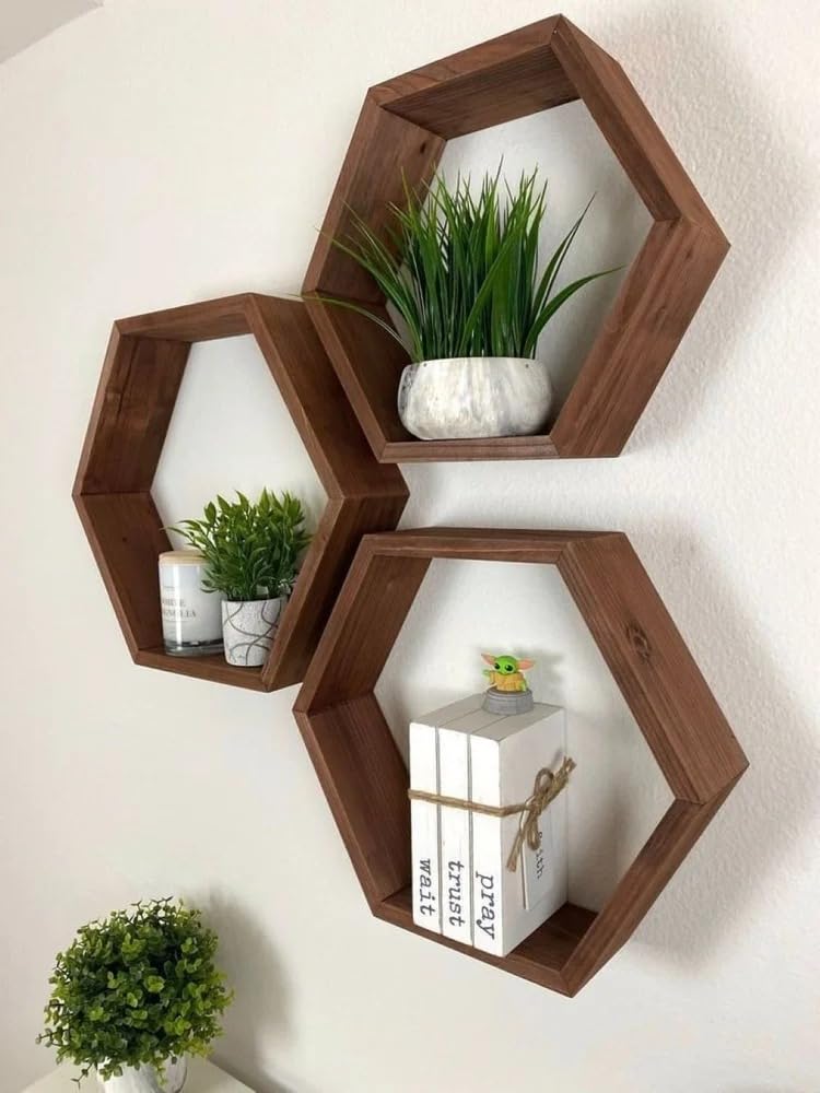 Brown Wooden Hexagon Wall Shelves Set of 3 Floating Honeycomb Display Racks for Living Room and Office Home Decor Storage-image-36
