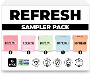 Refresh Gum, Sugar Free, Natural, Xylitol, Long Lasting Chewing Gum, Natural Flavors, Organic Ingredients, Plastic Free, Non GMO, Gluten Free, Vegan (12 Count (Pack of 6), Sampler Pack)