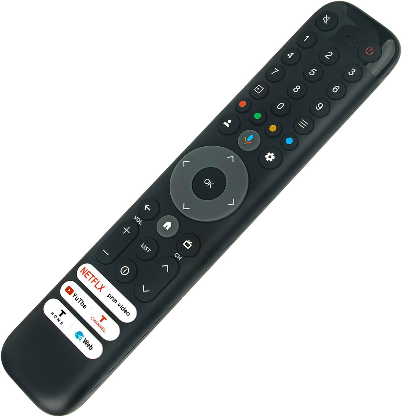 Angled view of the VINABTY RC833 GUB1 Voice Remote Control, highlighting button layout