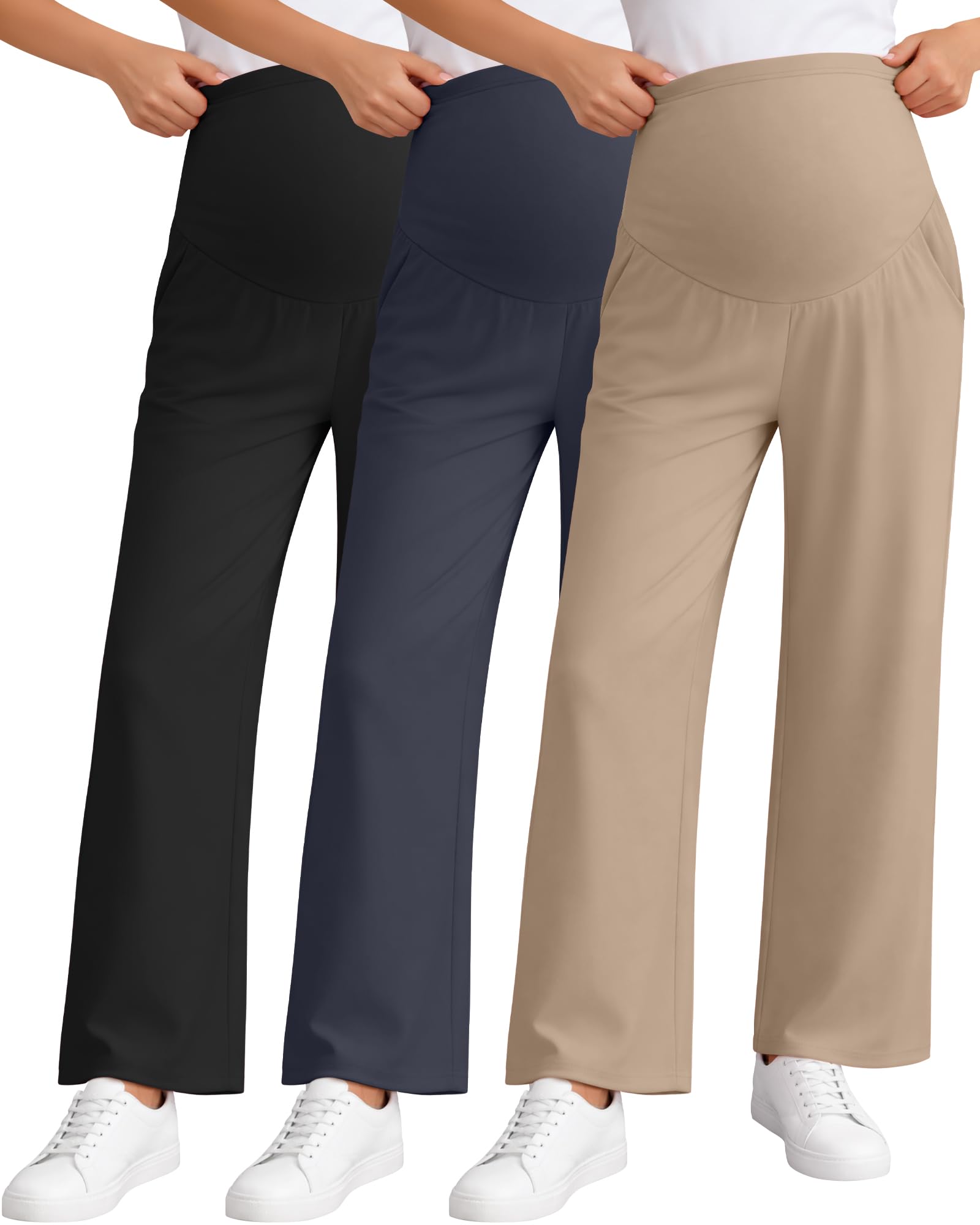 Photo 1 of Sweetyweee 3 Pack Women's Maternity Pants Loose Wide Leg Pregnancy Sweatpants Over the Belly Lounge Pants Pajama with Pockets(Black, Charcoal Gray, Khaki,Large)