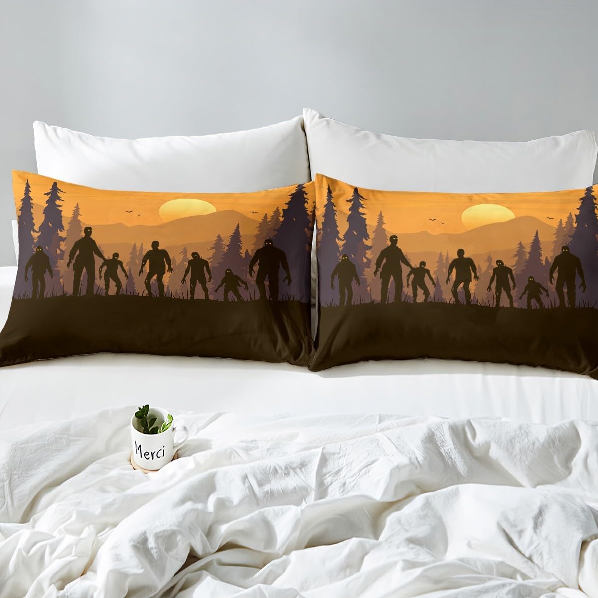 Gothic Fitted Sheet Ghost Silhouette Bedding Sets Twin Size,Nightmare Shadows Pattern Bed Sheets Horror Ghost Jungle Bedding Decor Set Skull Skeleton Halloween Decor for Child Kids Bedroom,Brown image 4