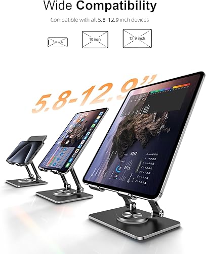 Miniatura 7 de Soporte para tablet con base giratoria de 360, soporte de aluminio ajustable de doble varilla para todos los iPad de 5.8 a 12.9 pulgadas, iPad,