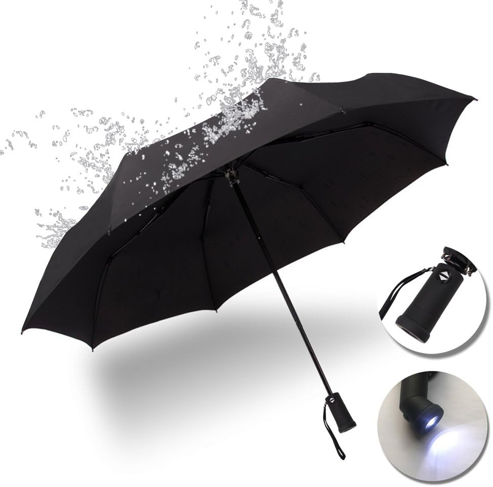Compact Folding Travel Umbrella Windproof Waterproof, Auto Open Close with Teflon Coating Dry Quickly, LED Flashlight Handle, Black