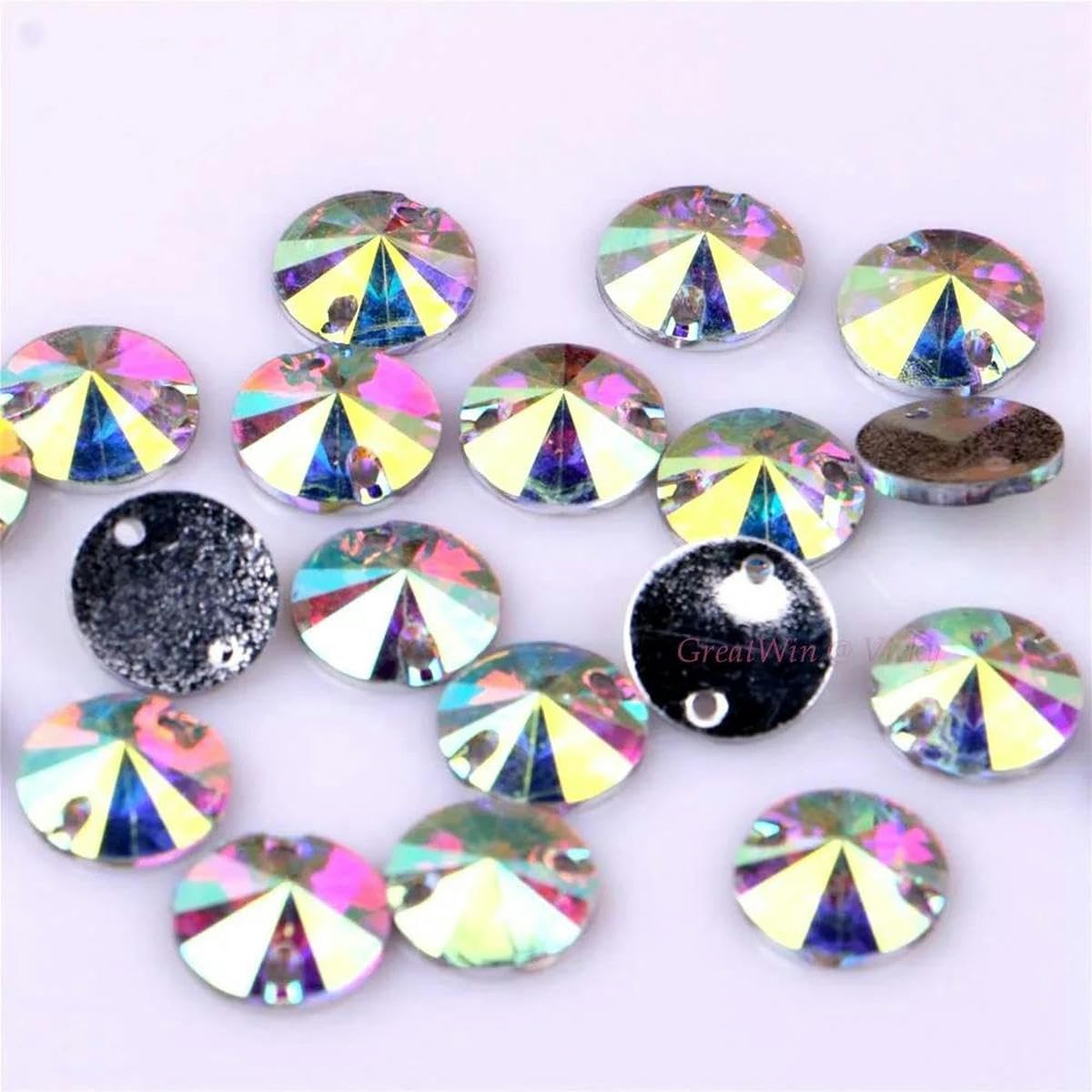 10 mm bis 22 mm Strasssteine zum Aufnähen aus Kunstharz, runde Form, AB-Farbe, flache Rückseite, Strasssteine mit 2 Löchern für Kleidung, Kleider, Kleidungsstücke, 16 mm, 20 Stück, 10 Packungen