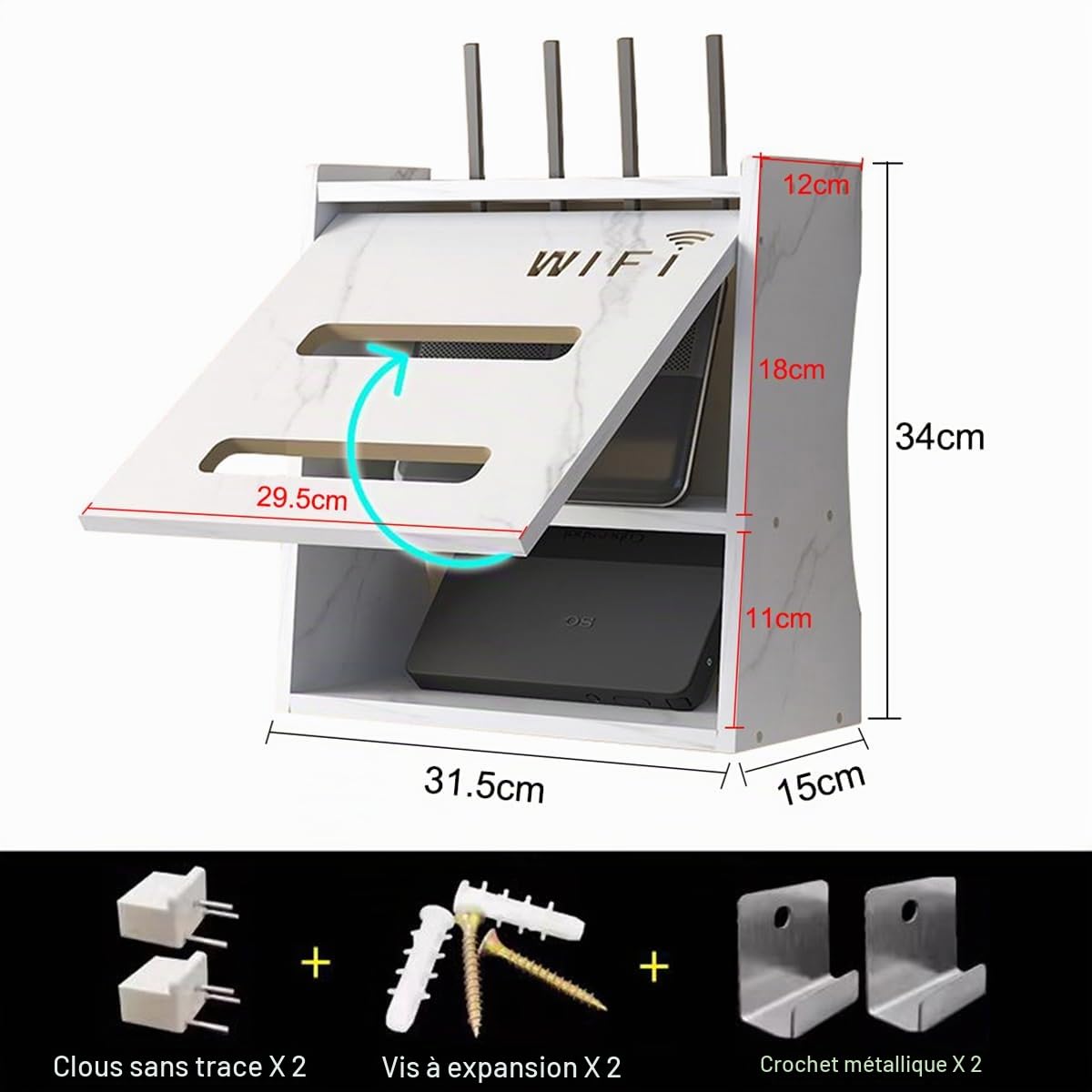 Cache Box, Boîte de Rangement pour Routeur WiFi, Support Mural/Bureau, Rangement Mural Box pour Cache par Faitement Le Boitier TV/Módem/Router/Cables(White)
