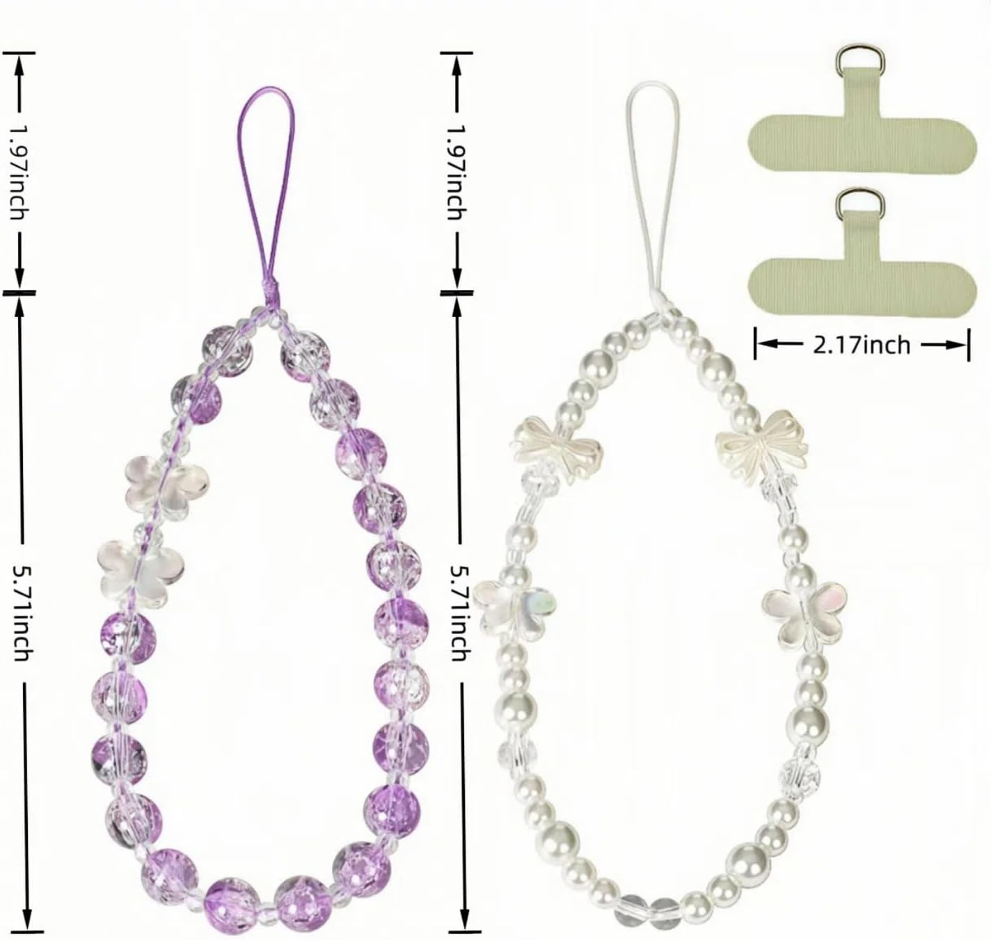 2PCS Handmade Beaded Phone Charm Strap, Crystal Butterfly Bow Pearl Phone Lanyard Wristlet Keychain for Women - Image 7