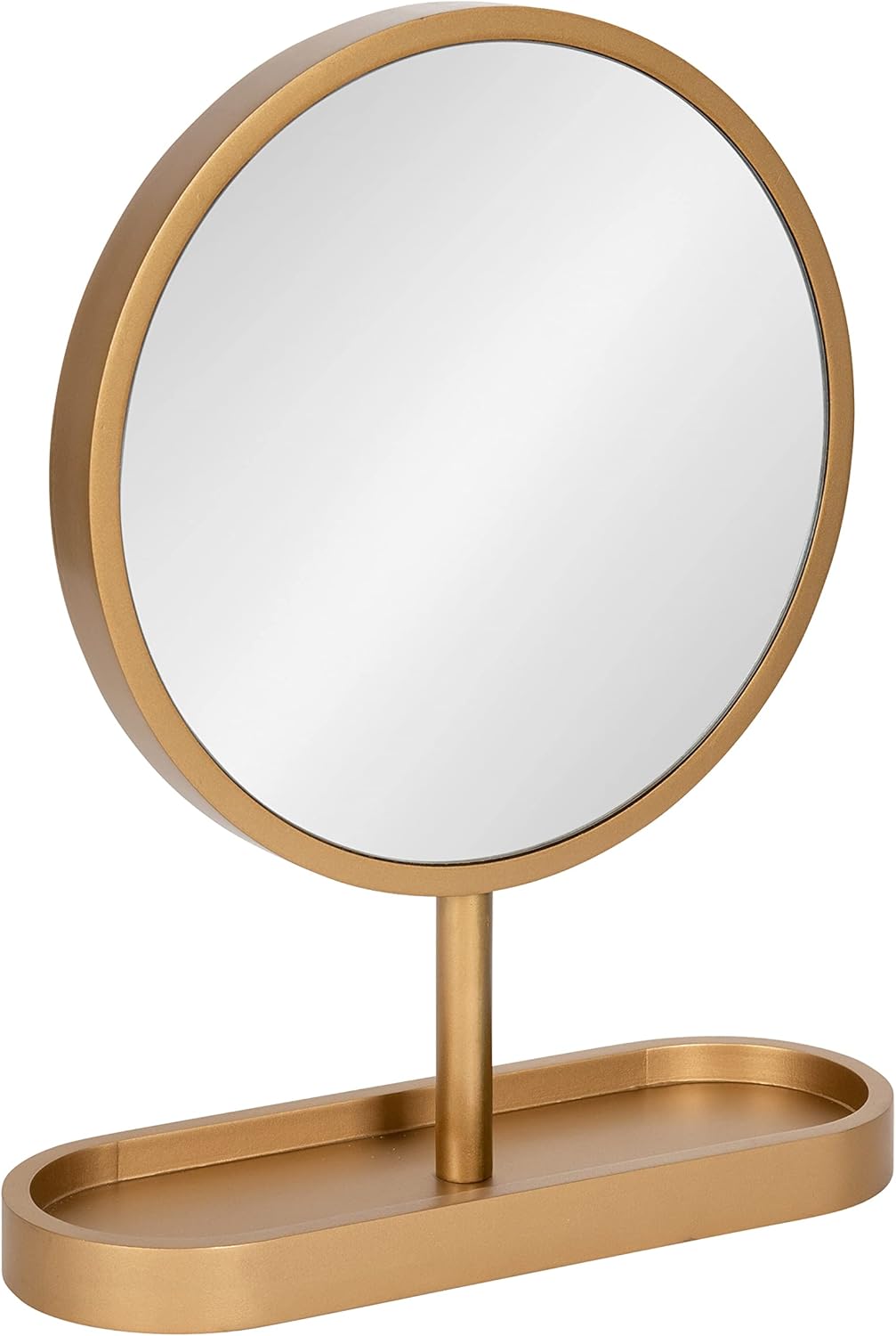 Kate and Laurel Travis Modern Tabletop Mirror; 17 x 21; Gold; Freestanding Round Mirror with Small Decorative Tray for Catch All Storage and Table Decor