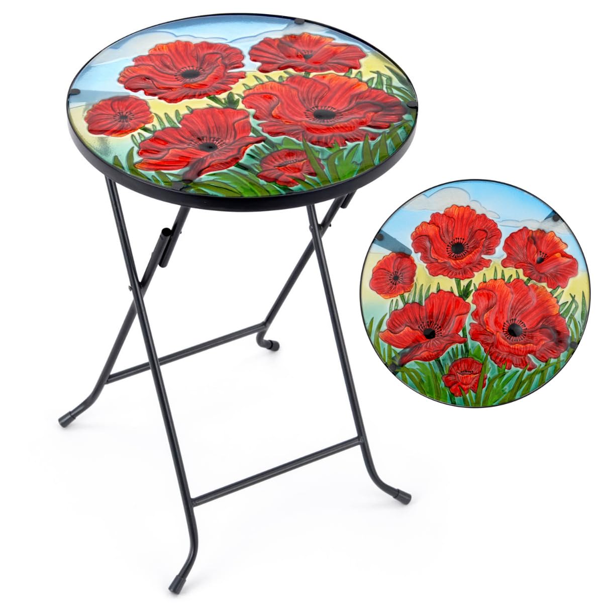 CHRISTOW Bistro Table Glass Top Round Folding Garden Patio Decoration Plant Stand (Painted Poppy)