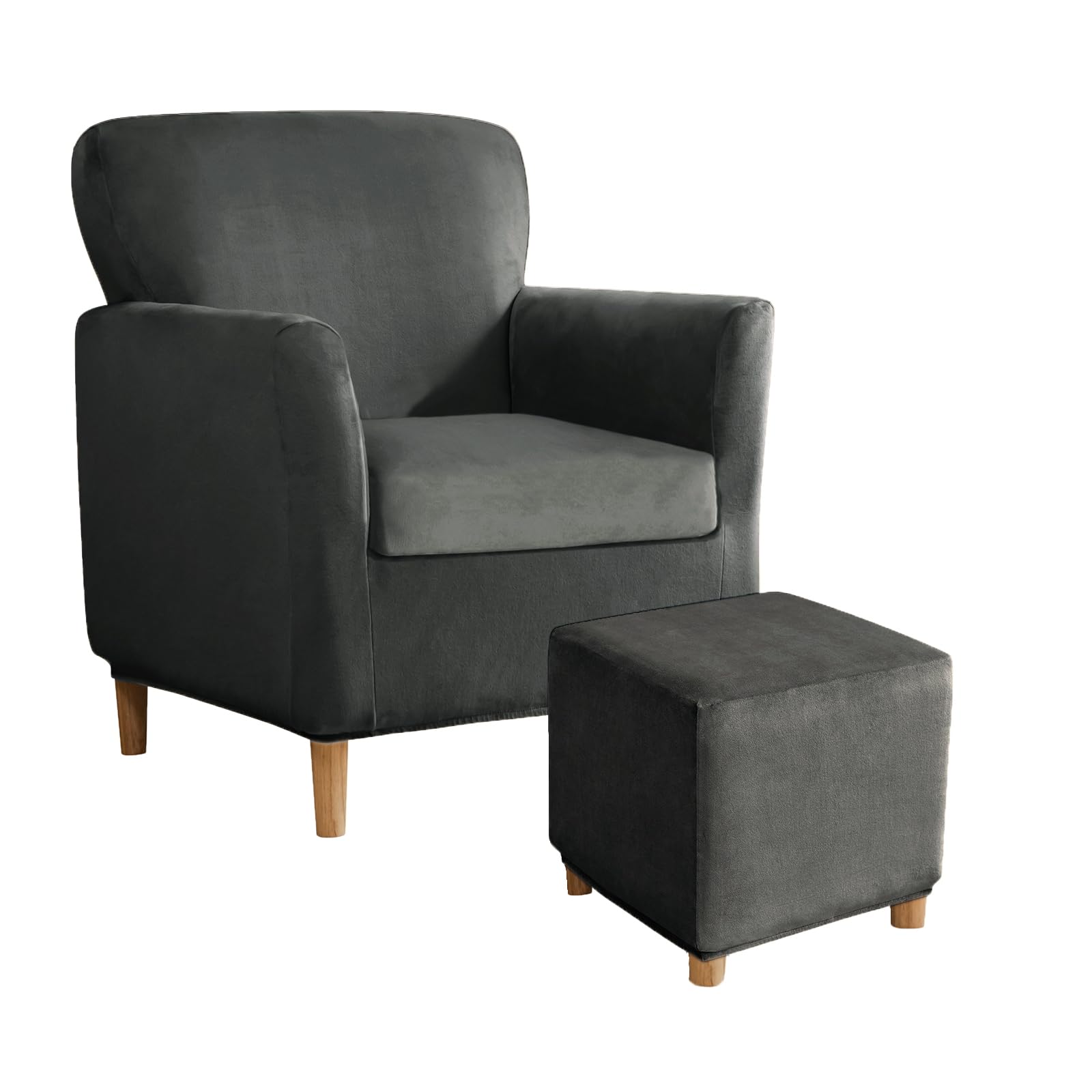 SYLC Stretch Velvet Armchair Sofa Covers with Ottoman Cover Rectangle/Square, Banquet Tub Chair Covers Footstool Slipcover Furniture Protector (Dark gray,Chair+Seat+Square S)