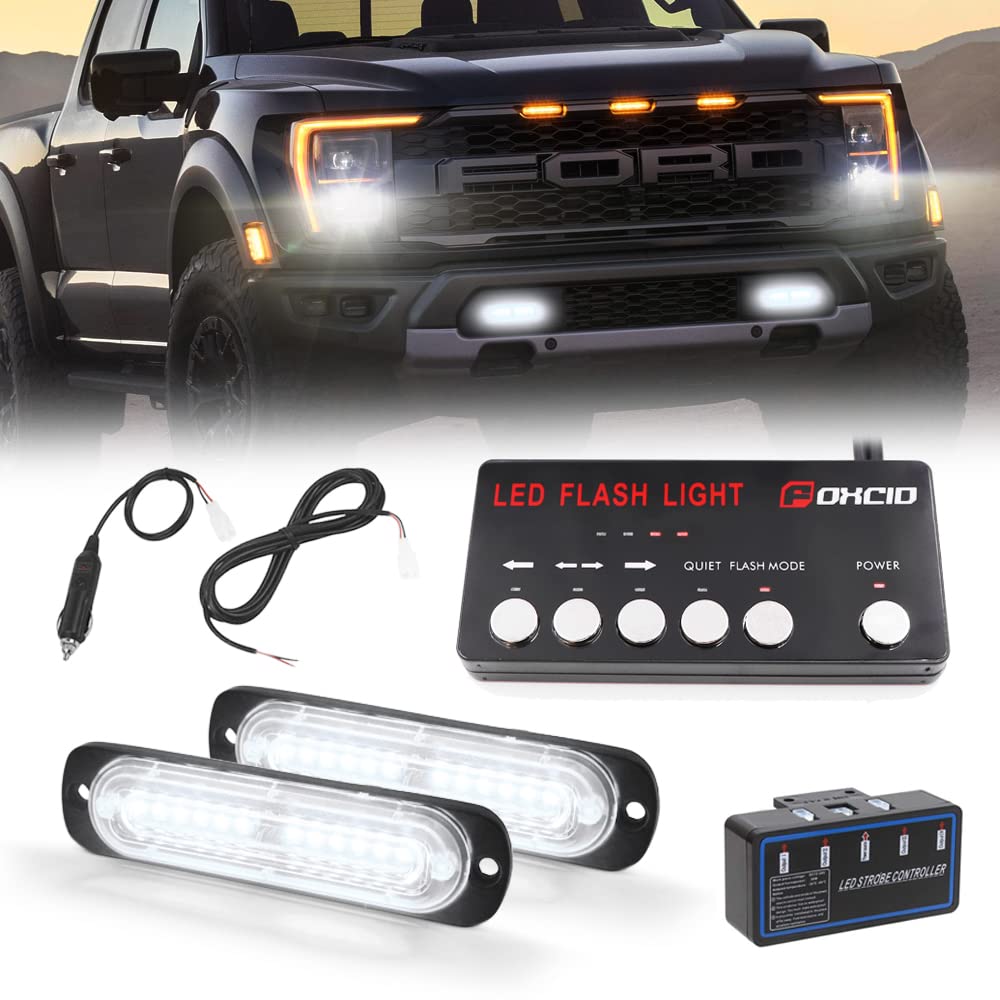 2pcs LED Emergency Grille Surface Mount Strobe Light,12 LED Ultra Slim Sync Feature Hazard Warning Flasing Lights for Off-Road Vehitcle ATV Trucks White