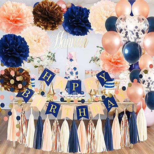 Birthday Decorations for Women Navy Peach Rose Gold Qian's Party Champagne Tissue Pom Poms Peach Navy Peach Balloons HAPPY BIRTHDAY Banner for Women's 18th//21st/30th/40th Birthday Party Decorations